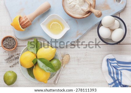 Lemon lavender cake.   High angle view of ingredients in preparation for making lemon lavender cake. Natural light