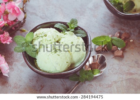 Matcha Ice Cream. Matcha Mint Chip Ice Cream, top view, vintage style. Macro, selective focus, natural light