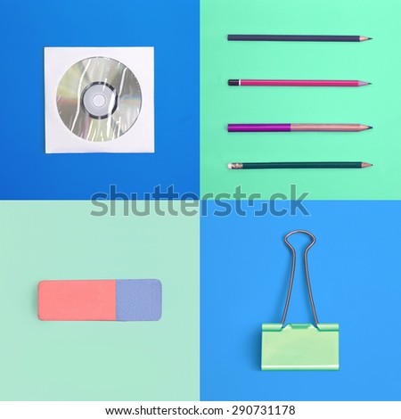 Set of colorful office supplies isolated on colored background
