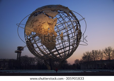 FLUSHING, NY - April 9: The iconic Unisphere in Flushing Meadows Corona Pk. in Queens, NYC as seen on April 9, 2009. The 12 story structure was commissioned for the 1964 NYC World\'s Fair.