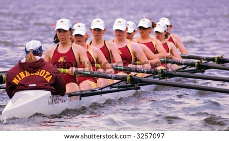 University of Minnesota Women\'s rowing team starts race - motion blur - April 21, 2007 at Minnesota