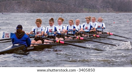 Kansas University Women\'s Rowing Team pulls hard at start of race - April 21, 2007 at Minnesota