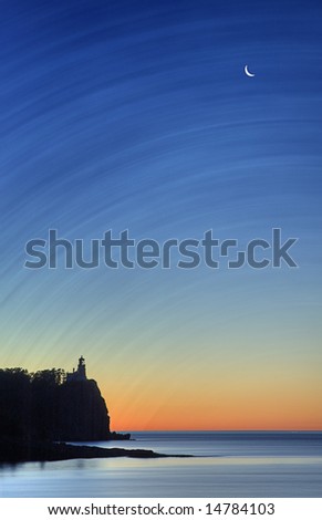 Split Rock Lighthouse Sunrise with fingernail moon