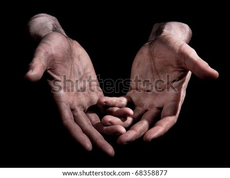 Dirty Outstretched Hands - Interlaced Fingers Dirty outstretched male hands against black background - interlaced fingers