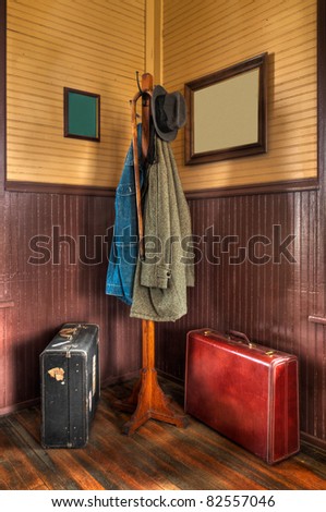 Train Station Coat Rack & Luggage in Corner - vintage display