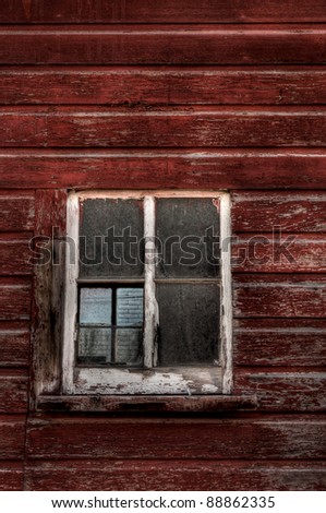 Red Wood Building - Broken Window (vertical) - old red building with 4-pane window, one of which is broken - can see through window to 4-pane window on other side of building