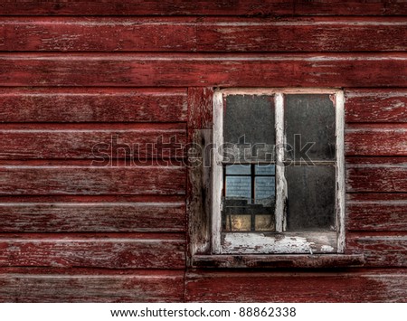 Red Wood Building - Broken Window (horizontal) - old red building with 4-pane window, one of which is broken - can see through window to 4-pane window on other side of building