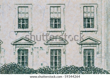 Extreme closeup of the White house windows on the ten dollar note