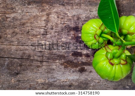 Top view. Still life garcinia atroviridis fresh fruit on old wood background. Thai herb and sour flavor lots of vitamin C. Water drops on leafs. Extract as a weight loss product