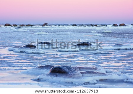 Cold morning by the sea at sunrise in winter. Ice and rocks in the sea.