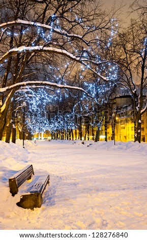 Empty snowy bench at the left side of snowy avenue with Christmas lights on trees