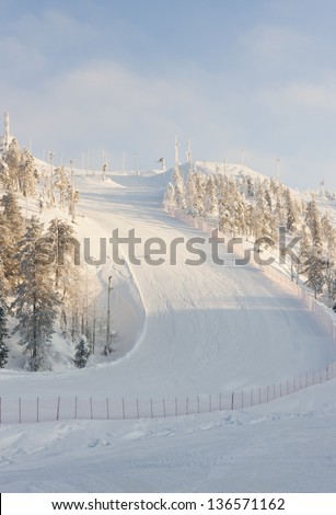 Snowy ski mountain in Ruka, Lapland; Finland at winter