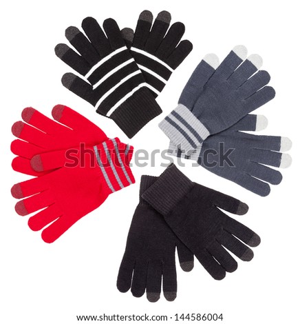 Blueish gloves with stripes and white finger tips isolated to white background