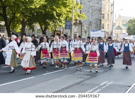 TALLINN, ESTONIA - JULY 05, 2014: Parade of the Estonian XXVI National song and dance festival called Aja Puudutus, Puudutuse Aeg in Tallinn, Estonia on July 05, 2014