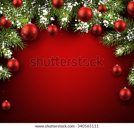 Christmas red background with fir branches and balls. Vector illustration.