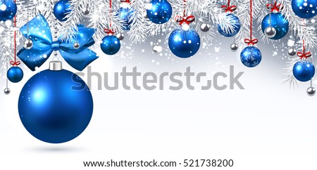 New Year banner with blue Christmas balls. Vector illustration.