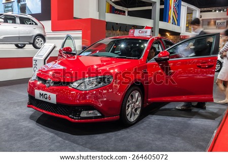 Nonthburi,Thailand - March 26th, 2015: New launch MG6,a mid-size car produced by MG Motor,showed in Thailand the 36th Bangkok International Motor Show on 26 March 2015