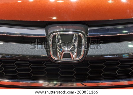 Nonthaburi,Thailand - March 26th, 2015: Honda logo at front grill of CR-V,showed in Thailand the 36th Bangkok International Motor Show on 26 March 2015