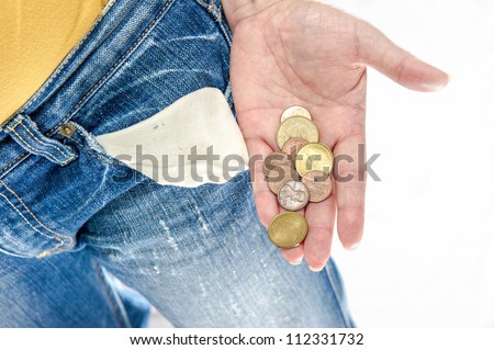empty pocket, coins in hand, blue jean with white background