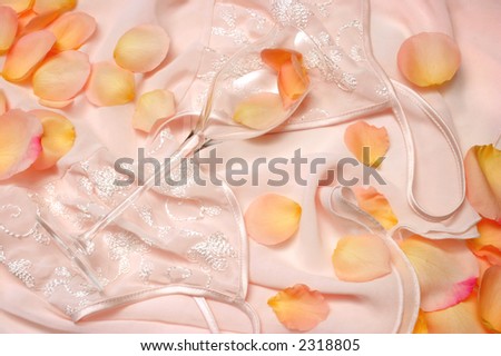 Pink chiffon negligee, long stemmed champagne glass with scattered rose petals