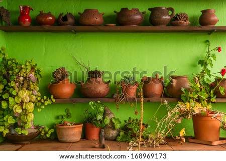 Examples of traditional gomeran pottery surrounded by some plants and flowers outside of a work shop