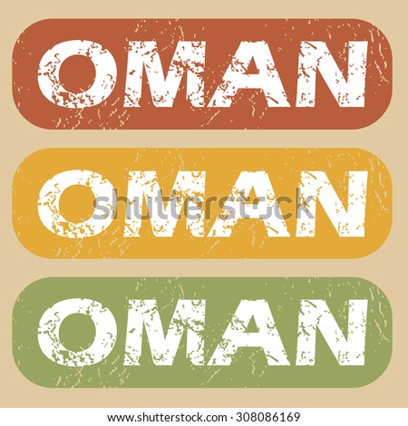 Set of rubber stamps with country name Oman on colored background