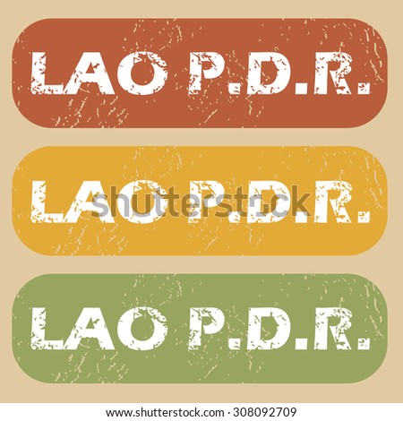 Set of rubber stamps with country name Lao PDR on colored background