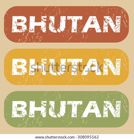 Set of rubber stamps with country name Bhutan on colored background
