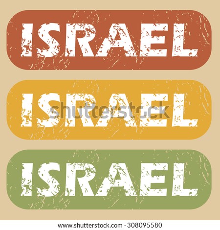 Set of rubber stamps with country name Israel on colored background