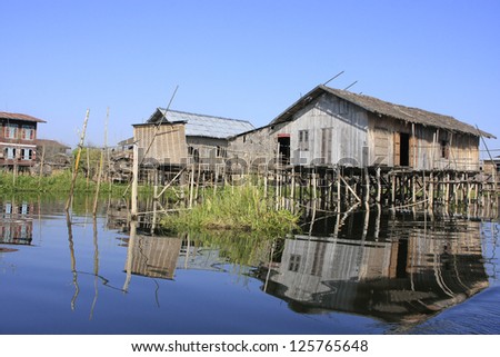 Traditional wooden stilt houses, Inle lake, Shan state, Myanmar, Southeast Asia