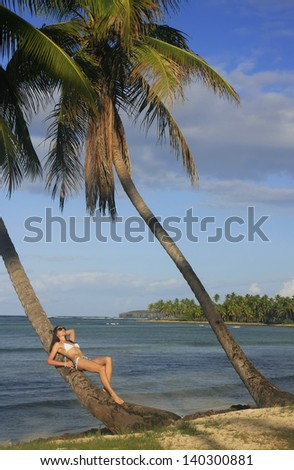 Young woman in bikini laying on leaning palm tree, Las Galeras beach, Samana peninsula, Dominican Republic