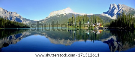 Panoramic view of mountains reflected in Emerald Lake, Yoho National Park, British Columbia, Canada