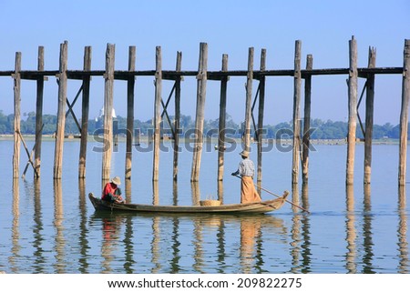 Local people fishing from a boat near U Bein Bridge, Amarapura, Mandalay region, Myanmar