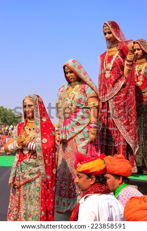 JAISALMER, INDIA - FEBRUARY 16: Unidentified women take part in Desert Festival on February 16, 2011 in Jaisalmer, India. Main purpose of this Festival is to display colorful culture of Rajasthan