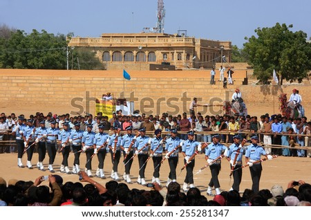 JAISALMER, INDIA -FEBRUARY 17: Unidentified air force soldiers perform during Desert Festival on February 17, 2011 in Jaisalmer, India. Main purpose of this Festival is to display culture of Rajasthan