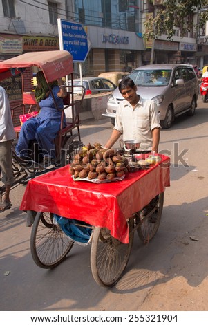 DELHI, INDIA - NOVEMBER 5: Unidentified man pushes cart with food on November 5, 2014 in Delhi, India. Food carts are very popular in Delhi providing local people and tourists with simple street food.