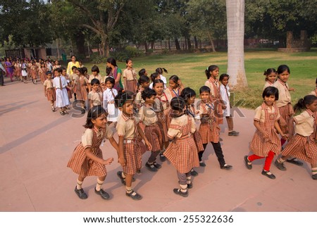 DELHI, INDIA - NOVEMBER 4: Unidentified school children visit Humayun's Tomb complex on November 4, 2014 in Delhi, India. Humayun's Tomb was the first garden-tomb on the Indian subcontinent.