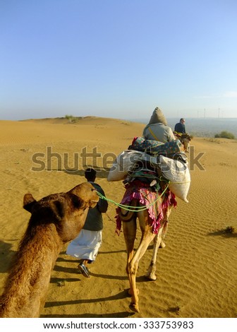JAISALMER, INDIA-FEBRUARY 20: Unidentified people ride camels during safari on February 20, 2011 in Jaisalmer, India. Camel safaris in That desert are very popular among tourists from Jaisalmer.
