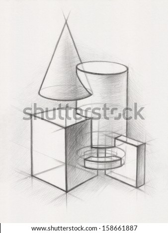 Solid Geometric Shapes:  Illustration of Geometric Shapes. It is a Pencil Drawing