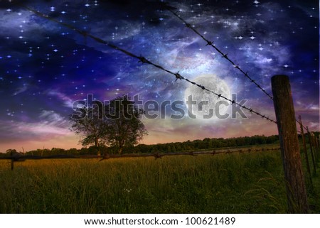 Starry Night with moon and Farmers Fence and field