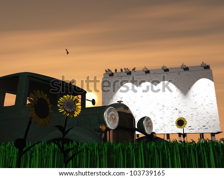 Old rusting truck and billboard with lights at sunrise or sunset