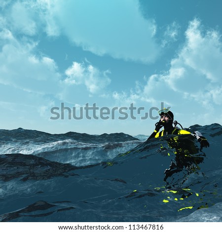 Diver at surface of rough sea
