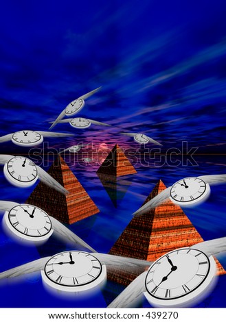 Clocks flying over pyramids and water