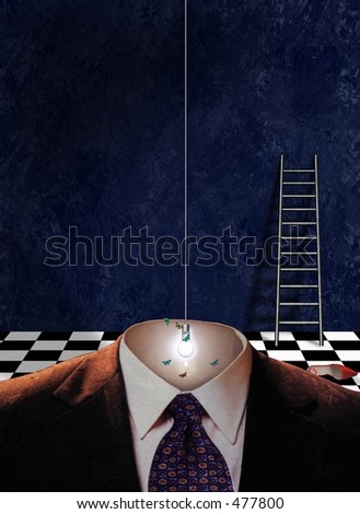 Empty Suit with lightbulb, ladder, and one red shoe