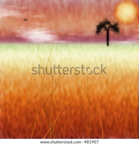 Simple warm landscape with field, tree, bird, sky and sun