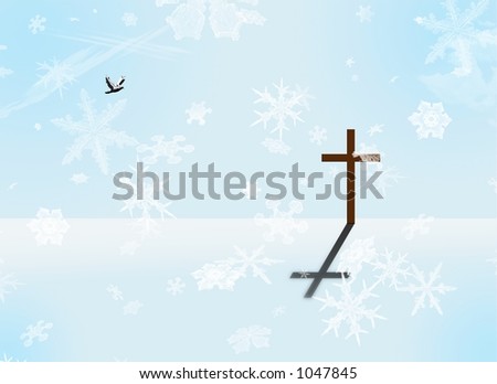A cross stands in a white-blue landscape while snow falls all around