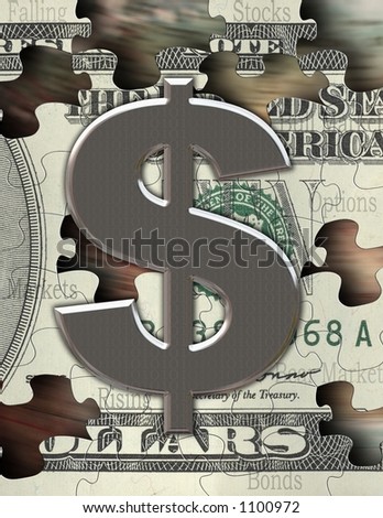 A silver $ reflects binary code above a puzzle piece US Currency above a spinning globe