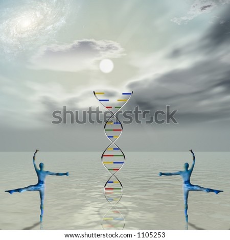The dance of life Two figures dance around a strand of dna