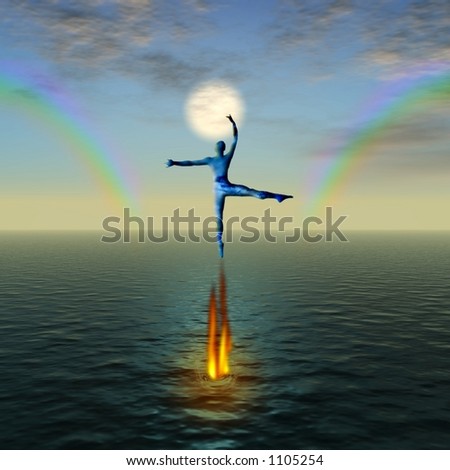 A figure dances above a flame erupting from the surface of a large body of water