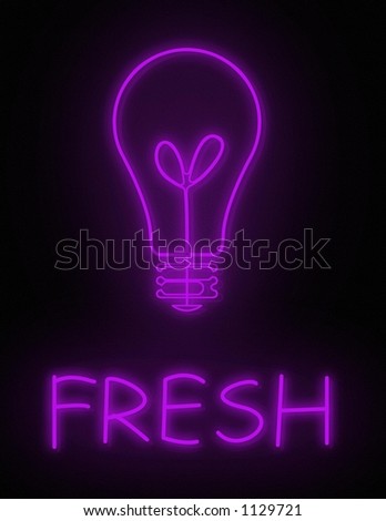 Fresh Ideas, Get them Here, A neon sign glows light bulb and FRESH
